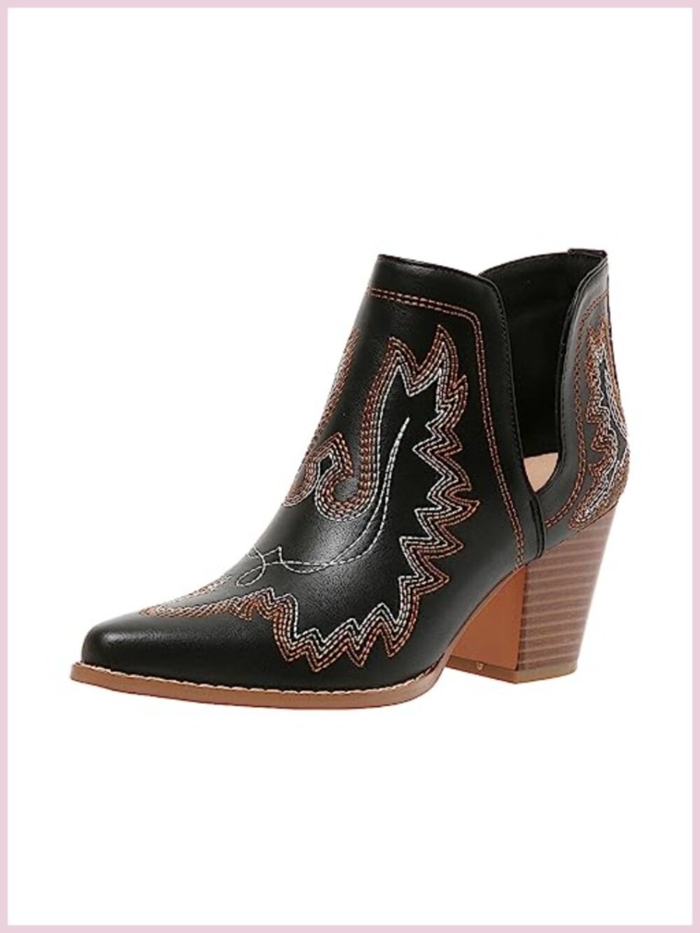 Cowboy Ankle Boots Pointed Toe Chunky Heel Cutout Leather